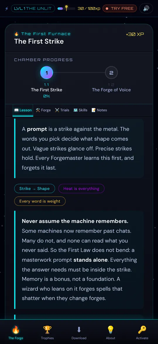 A lesson screen in The Prompt Forge explaining that a prompt is a strike against the metal.